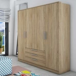Kledingkast Ramos 160cm Met 4 Deuren & 3 Laden - Eik