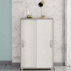 Opbergkast Noni-2 Schuifdeuren En 2 Legplanken-Shannon Eik/mat Wit