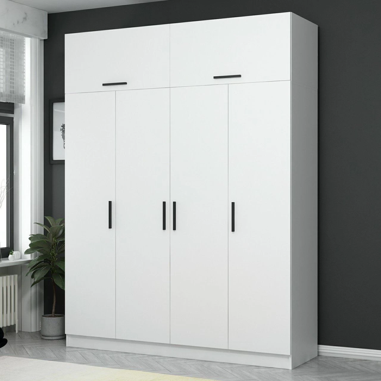 Woody Kledingkast: Ruime 100% Melamine Gecoat, Witte Kleur Met Talrijke Planken - Afbeelding 8