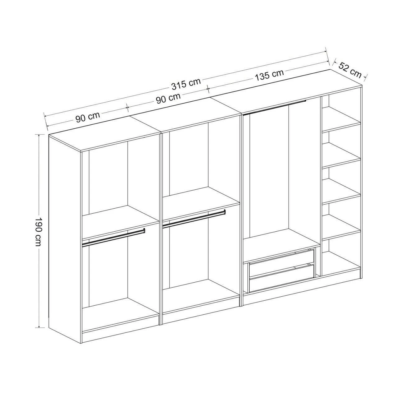 Houten Kledingkast | Antraciet | 100% Melamine | 315x210x52cm - Afbeelding 2