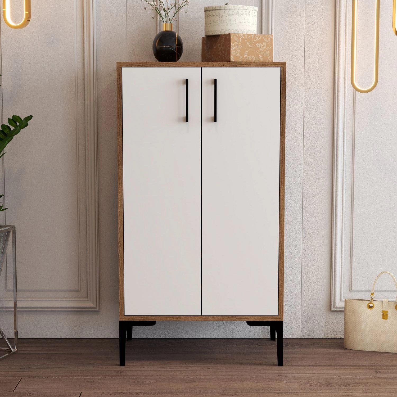 Houten Schoenenkast | 18mm Dik | Metalen Poot | Walnoot Wit - Afbeelding 6