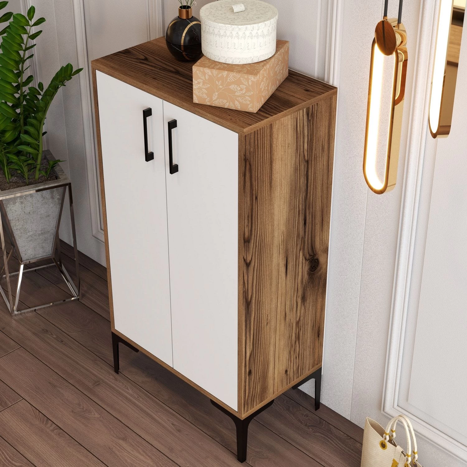 Houten Schoenenkast | 18mm Dik | Metalen Poot | Walnoot Wit - Afbeelding 4