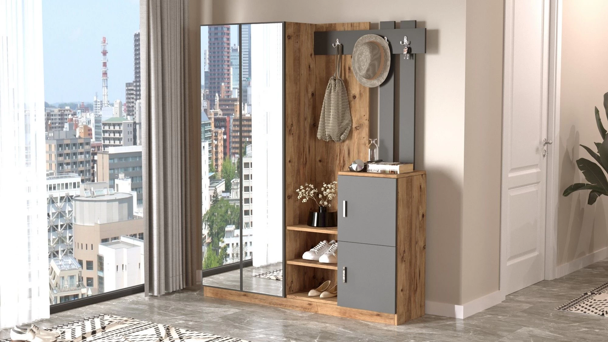 Elegante En Ruimtebesparende Halstandaard | Melamine Coating | Atlantic Pine Antraciet - Afbeelding 3