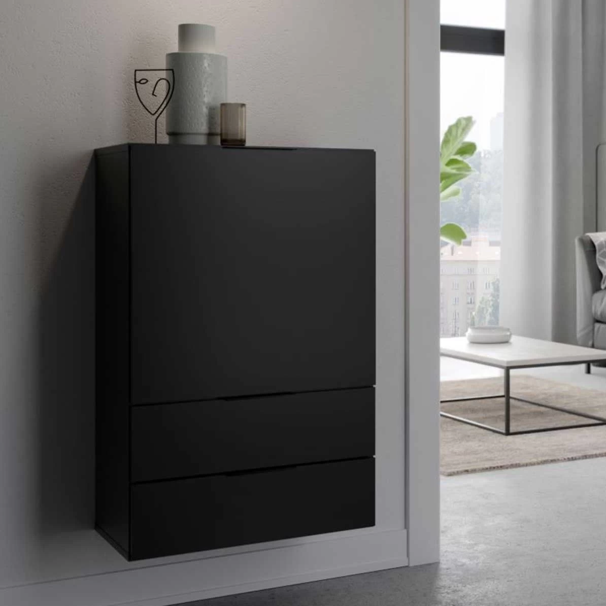 FMD Commode Damien 50cm Met Deur & 2 Lades - Zwart