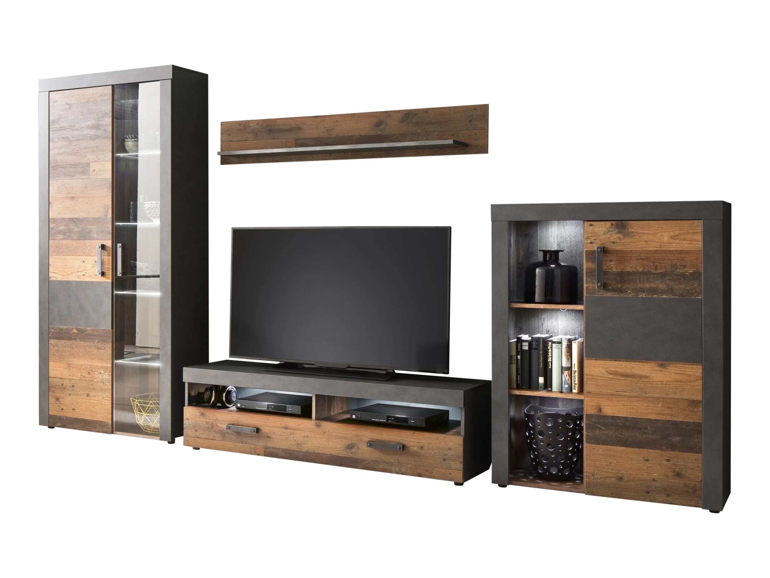 Woonkamerset Indy | Tv-meubel, Plank, Vitrinekasten | Old Wood-decor - Afbeelding 5