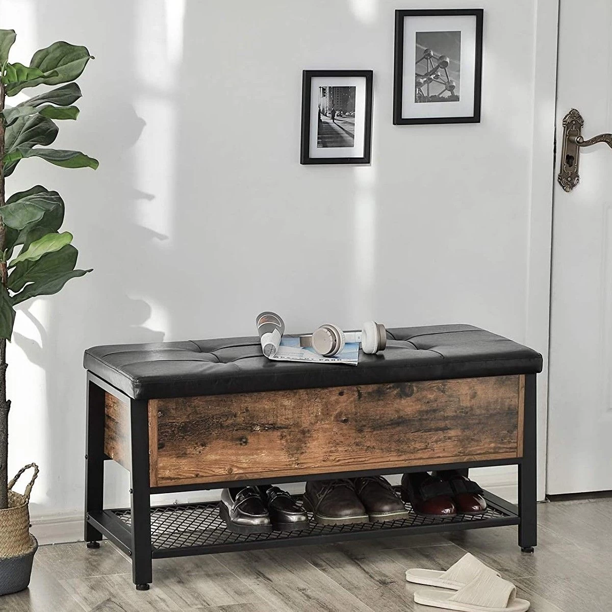 Schoenenbank Bill Met Gestoffeerde Zitting - Rustiek Bruin/zwart