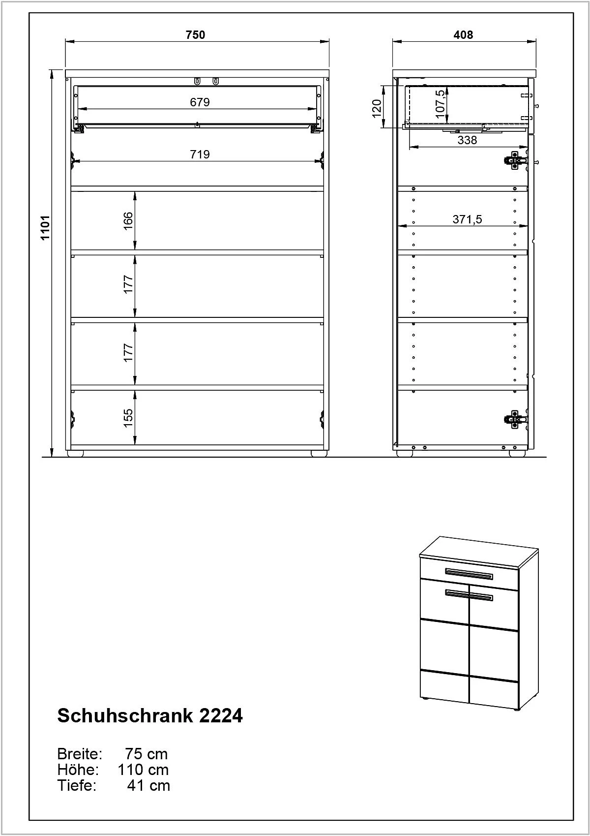 Schoenenkast Abby Met 1 Lade En 4 Legplanken - Eik/hoogglans Wit - Afbeelding 3