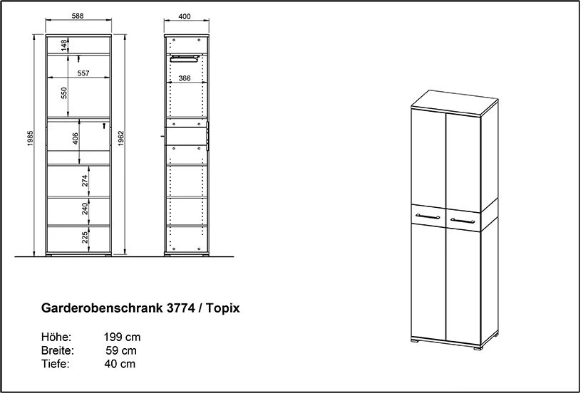 Garderobekast Stoffel 59cm - Wit/eik - Afbeelding 3