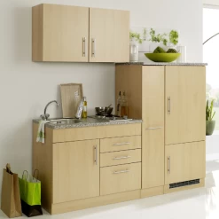 Kitchenette Toto 190cm Met Kookplaat En Koelkast - Beukenhout/marmer