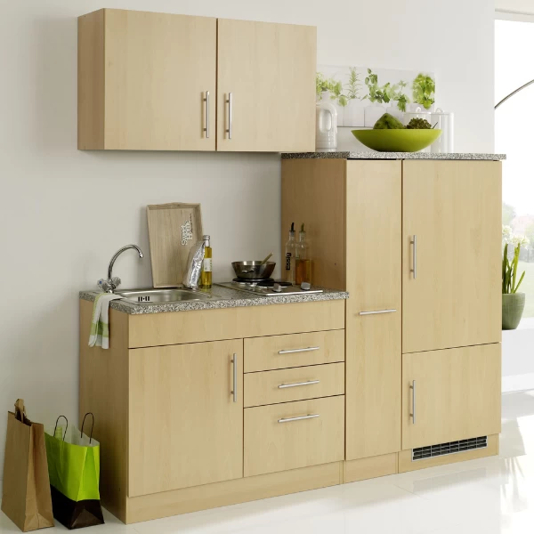 Kitchenette Toto 190cm Met Kookplaat En Koelkast - Beukenhout/marmer