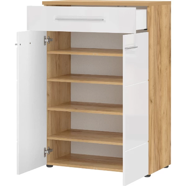 Schoenenkast Abby Met 1 Lade En 4 Legplanken - Eik/hoogglans Wit - Afbeelding 5