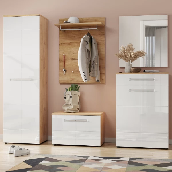 Schoenenkast Abby Met 1 Lade En 4 Legplanken - Eik/hoogglans Wit