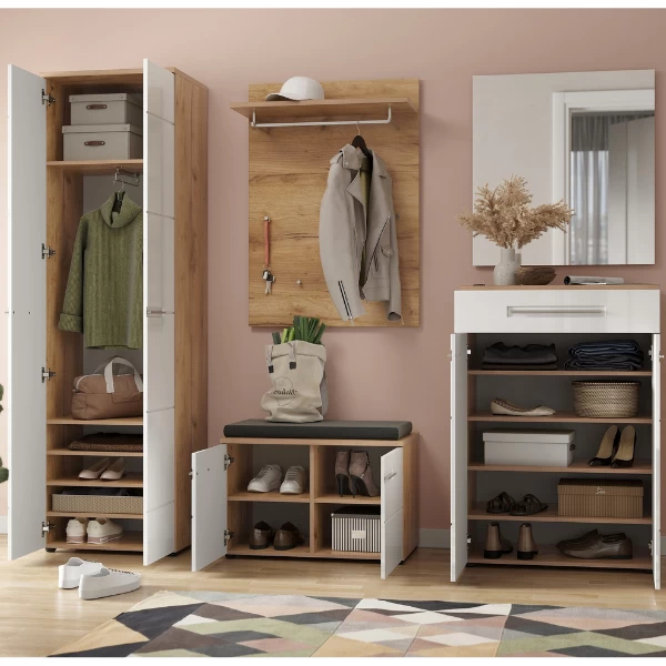 Schoenenkast Abby Met 1 Lade En 4 Legplanken - Eik/hoogglans Wit - Afbeelding 2