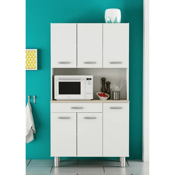 Buffetkast Pavel 185cm Hoog - Mat Wit/acacia Met Werkblad - Afbeelding 2