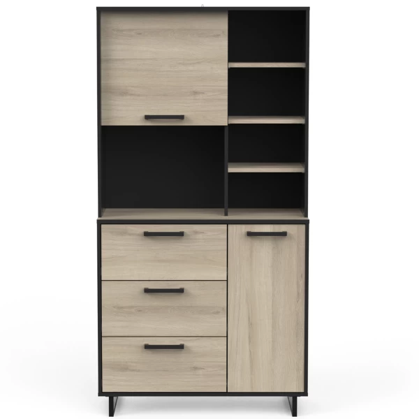 Buffetkast Norma 2 Draaideuren, 4 Legplanken, 3 Lades En 1 Open Vak-Kronberg Eik/matzwart - Afbeelding 4