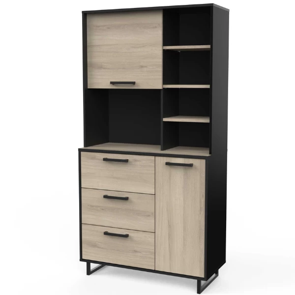 Buffetkast Norma 2 Draaideuren, 4 Legplanken, 3 Lades En 1 Open Vak-Kronberg Eik/matzwart - Afbeelding 5