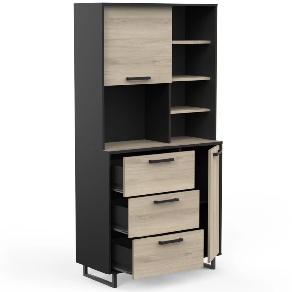 Buffetkast Norma 2 Draaideuren, 4 Legplanken, 3 Lades En 1 Open Vak-Kronberg Eik/matzwart - Afbeelding 3