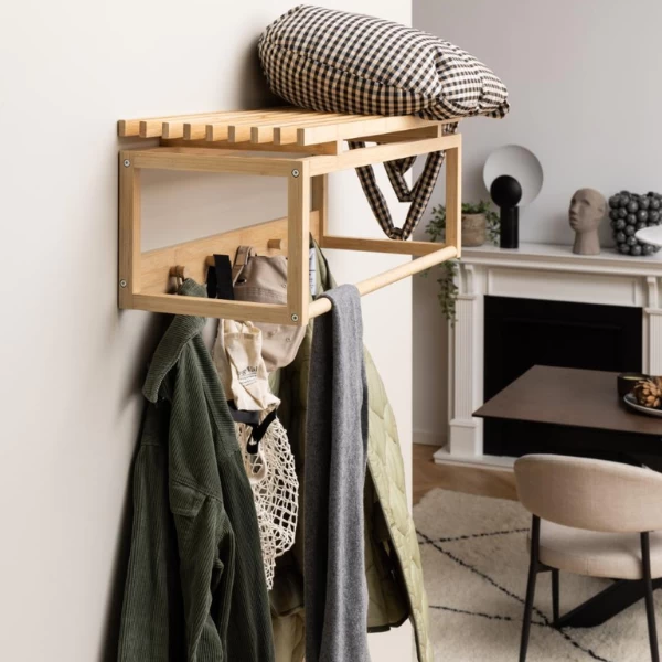 Wandkapstok Bay 80cm Met Roede En Hoedenplank - Bamboe - Afbeelding 3