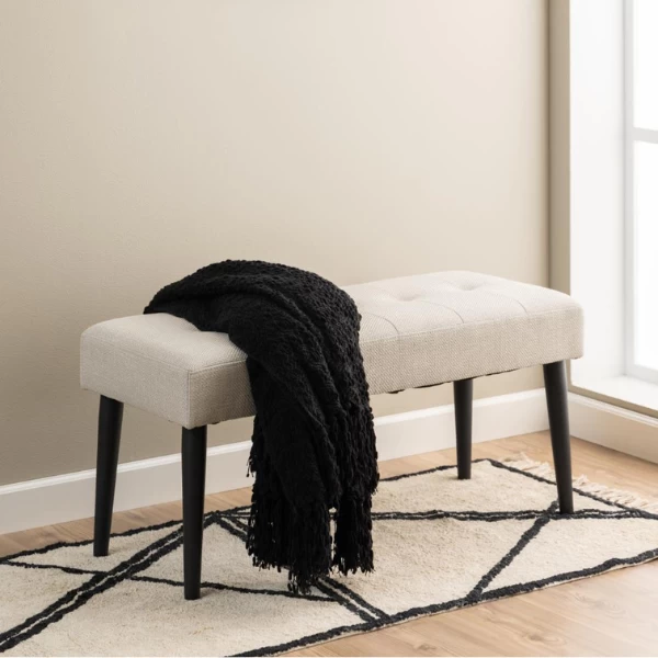 Halbankje Gloria Zwart Stalen Onderstel, Getuft 95x38x45 Cm - Beige